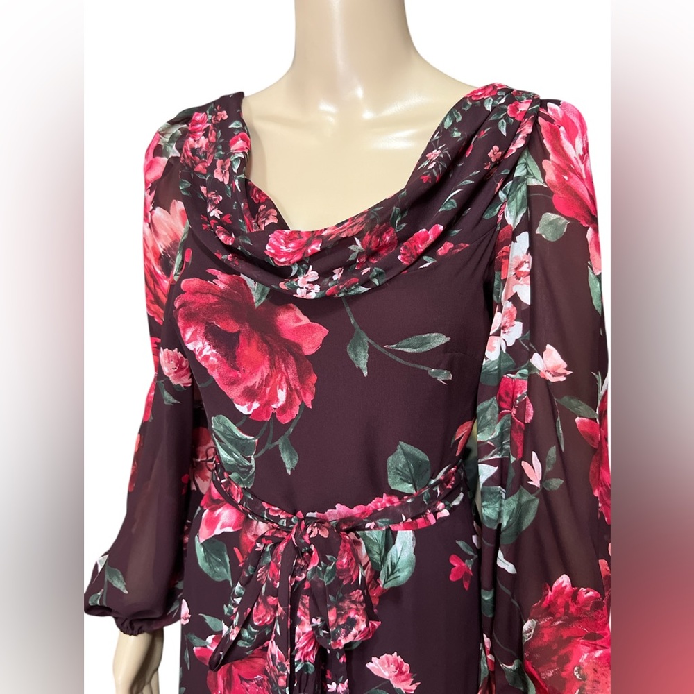 NWT Alex Marie Size 2 Chiffon Floral Midi Dress Cowl Neck Long Sleeves Ruffles - Picture 6 of 13